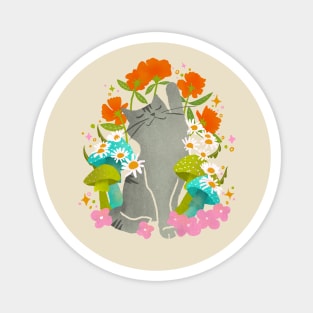 Gray Cat Mushroom and Flower Design: Enchanting Feline Flora Magnet